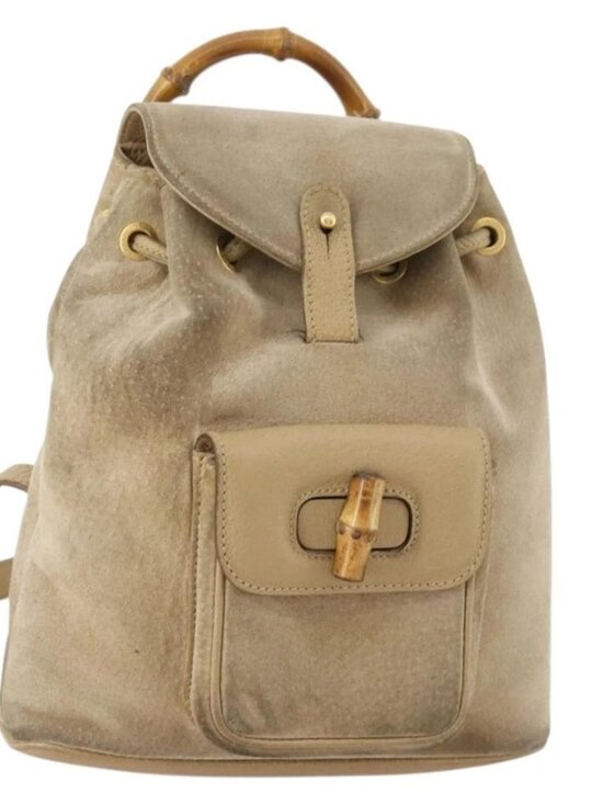 GUCCI Bamboo Backpack Suede Leather Black Gold 003 2058 0030 Auth BA10404